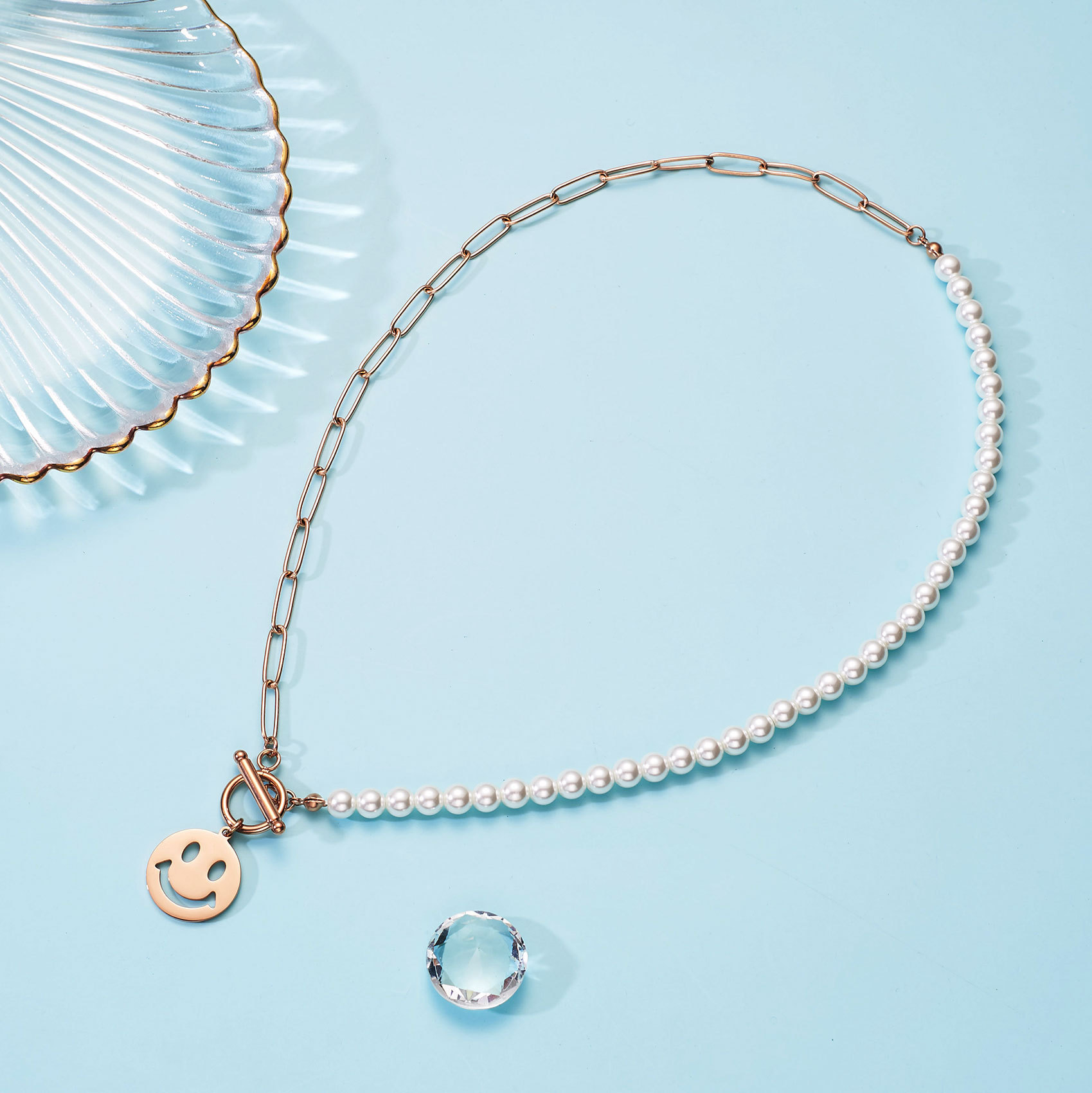 Smiley Face Necklaces Paper Clip Necklace Pearl Link Chain 18K Rose Gold Stainless Steel Girlfriend Friendship Sister Gifts Jewelry for Women
