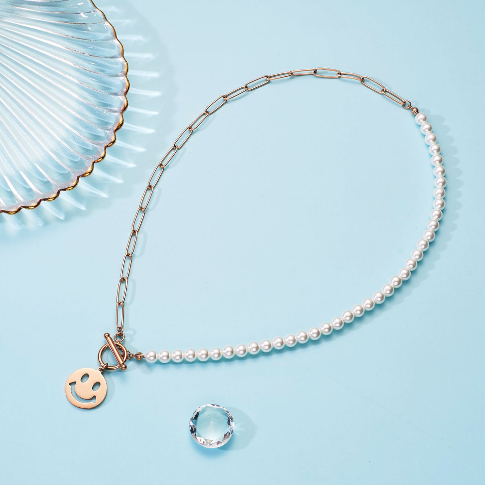 Smiley Face Necklaces Paper Clip Necklace Pearl Link Chain 18K Rose Gold Stainless Steel Girlfriend Friendship Sister Gifts Jewelry for Women