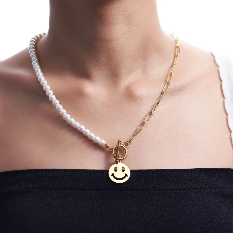 Smiley Face Necklaces Paper Clip Necklace Pearl Link Chain 18K Rose Gold Stainless Steel Girlfriend Friendship Sister Gifts Jewelry for Women