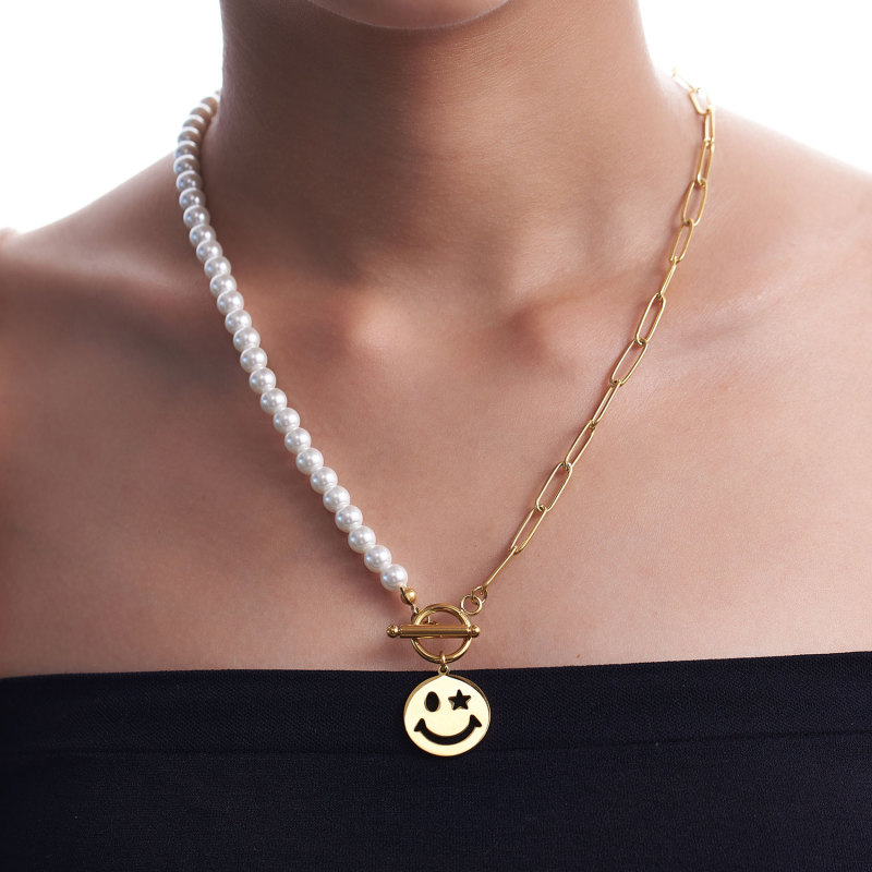 Smiley Face Necklaces Paper Clip Necklace Pearl Link Chain 18K Rose Gold Stainless Steel Girlfriend Friendship Sister Gifts Jewelry for Women