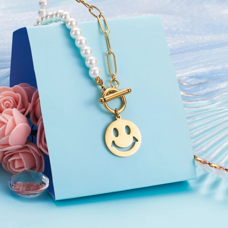 Smiley Face Necklaces Paper Clip Necklace Pearl Link Chain 18K Rose Gold Stainless Steel Girlfriend Friendship Sister Gifts Jewelry for Women