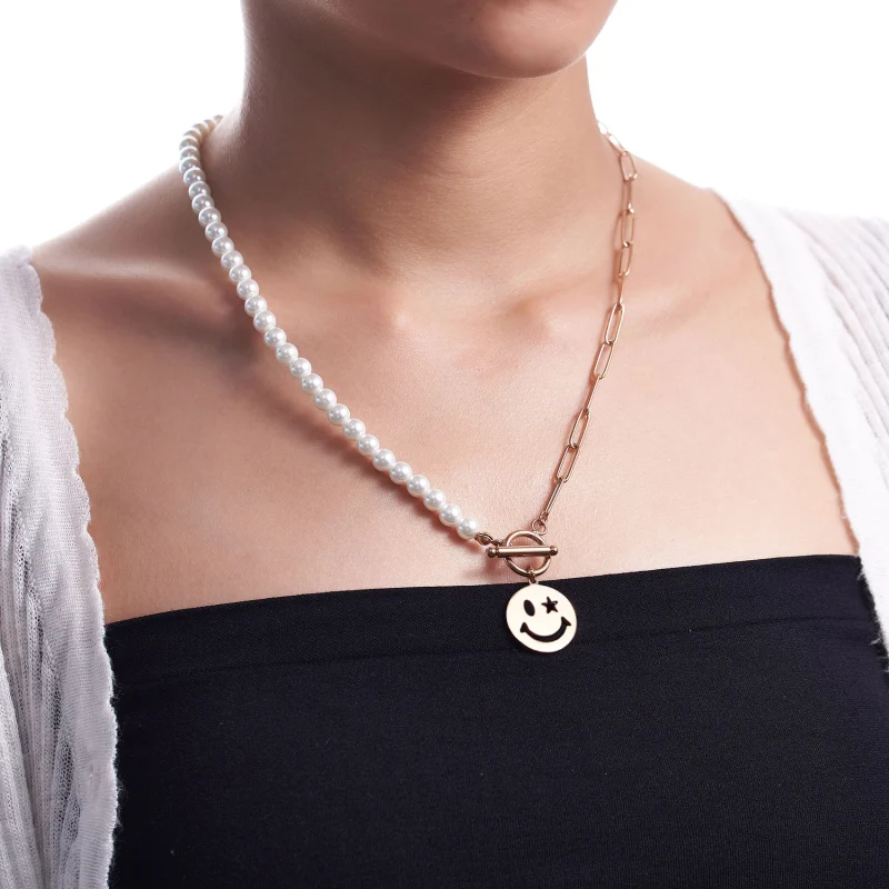 Smiley Face Necklaces Paper Clip Necklace Pearl Link Chain 18K Rose Gold Stainless Steel Girlfriend Friendship Sister Gifts Jewelry for Women