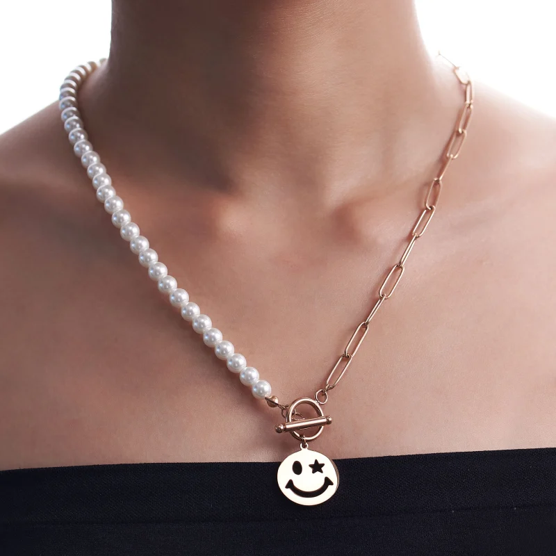 Smiley Face Necklaces Paper Clip Necklace Pearl Link Chain 18K Rose Gold Stainless Steel Girlfriend Friendship Sister Gifts Jewelry for Women