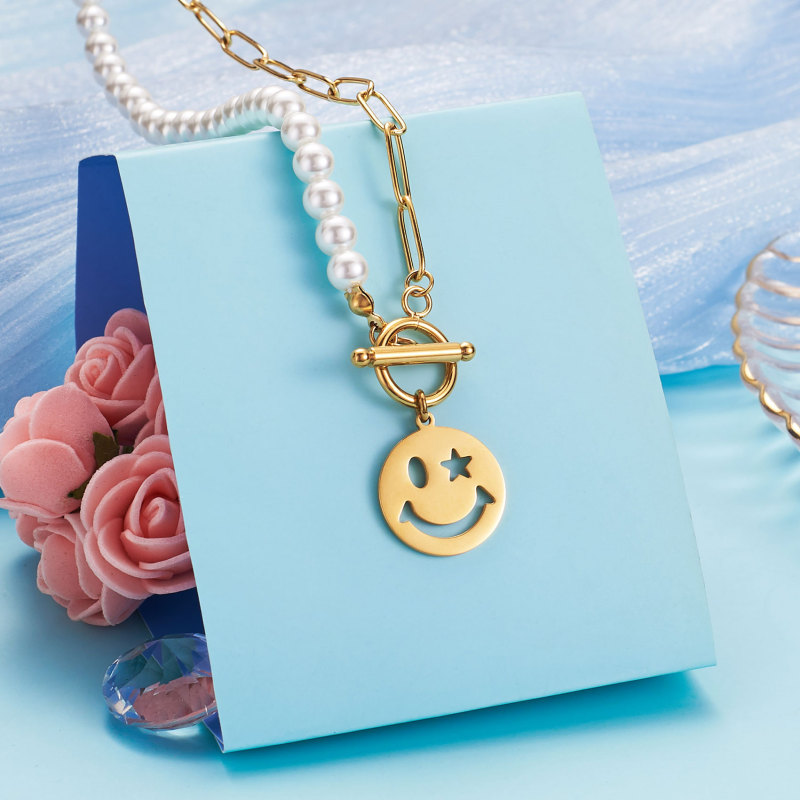 Smiley Face Necklaces Paper Clip Necklace Pearl Link Chain 18K Rose Gold Stainless Steel Girlfriend Friendship Sister Gifts Jewelry for Women