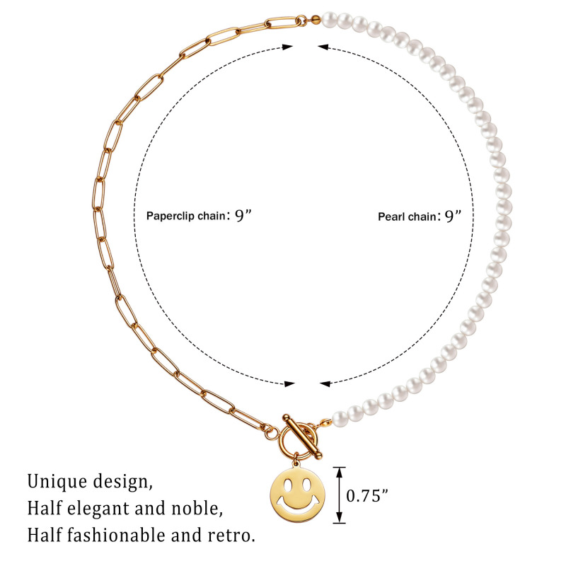 Smiley Face Necklaces Paper Clip Necklace Pearl Link Chain 18K Rose Gold Stainless Steel Girlfriend Friendship Sister Gifts Jewelry for Women
