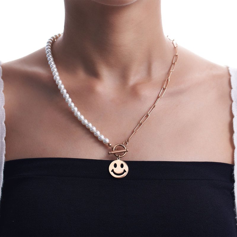 Smiley Face Necklaces Paper Clip Necklace Pearl Link Chain 18K Rose Gold Stainless Steel Girlfriend Friendship Sister Gifts Jewelry for Women