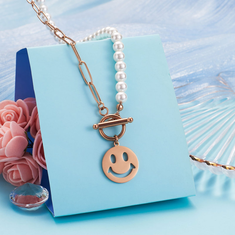 Smiley Face Necklaces Paper Clip Necklace Pearl Link Chain 18K Rose Gold Stainless Steel Girlfriend Friendship Sister Gifts Jewelry for Women