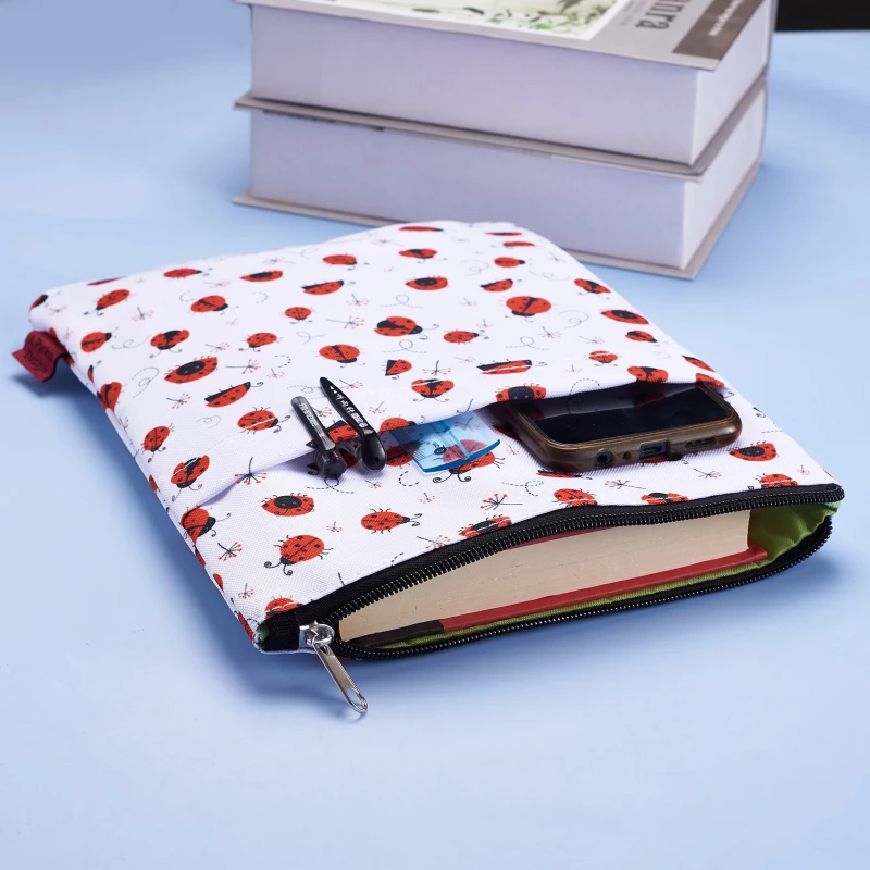 Book Sleeve Ladybug Book Protector, Book Covers for Paperbacks, Washable Fabric, Book Sleeves with Zipper, Medium 11 Inch X 8.7 Inch Book Lover Gifts