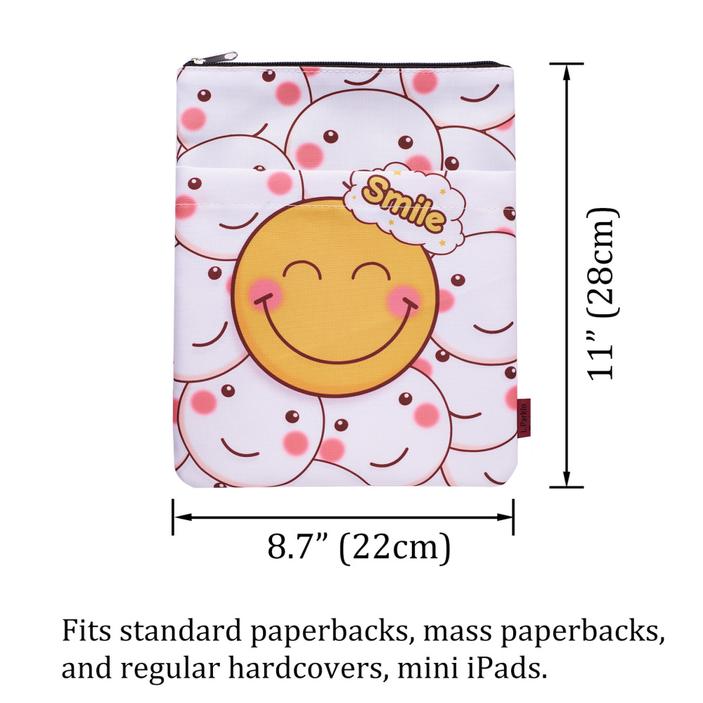 Book Sleeve Smiley Face Book Protector, Book Covers for Paperbacks, Washable Fabric, Book Sleeves with Zipper, Medium 11 Inch X 8.7 Inch