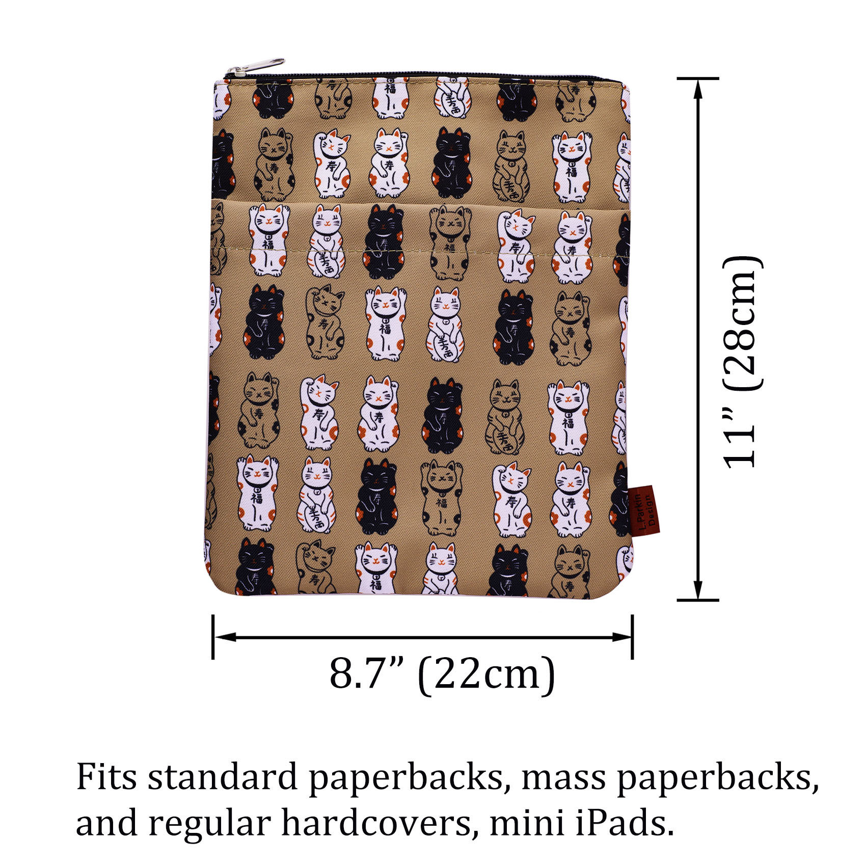 Lucky Japanese Cat Book Sleeve, Book Covers for Paperbacks, Washable Fabric, Book Sleeves with Zipper, Medium 11 Inch X 8.7 Inch Book Lover Gifts