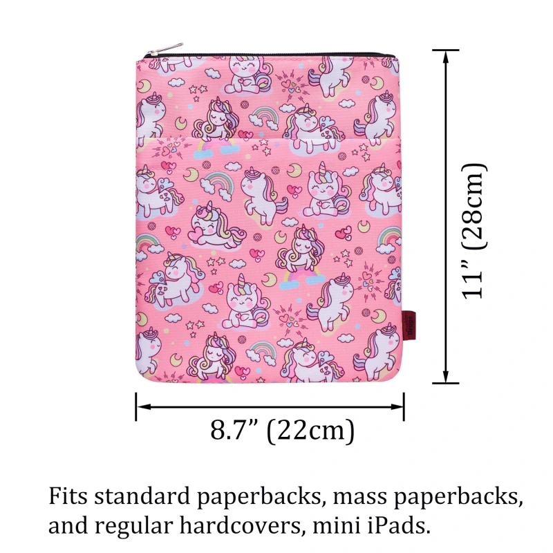 Book Sleeve Cute Unicorn Book Covers for Paperbacks,Washable Fabric, Book Sleeves with Zipper, Medium 11 Inch X 8.7Inch, Unicorn Gifts for Girls