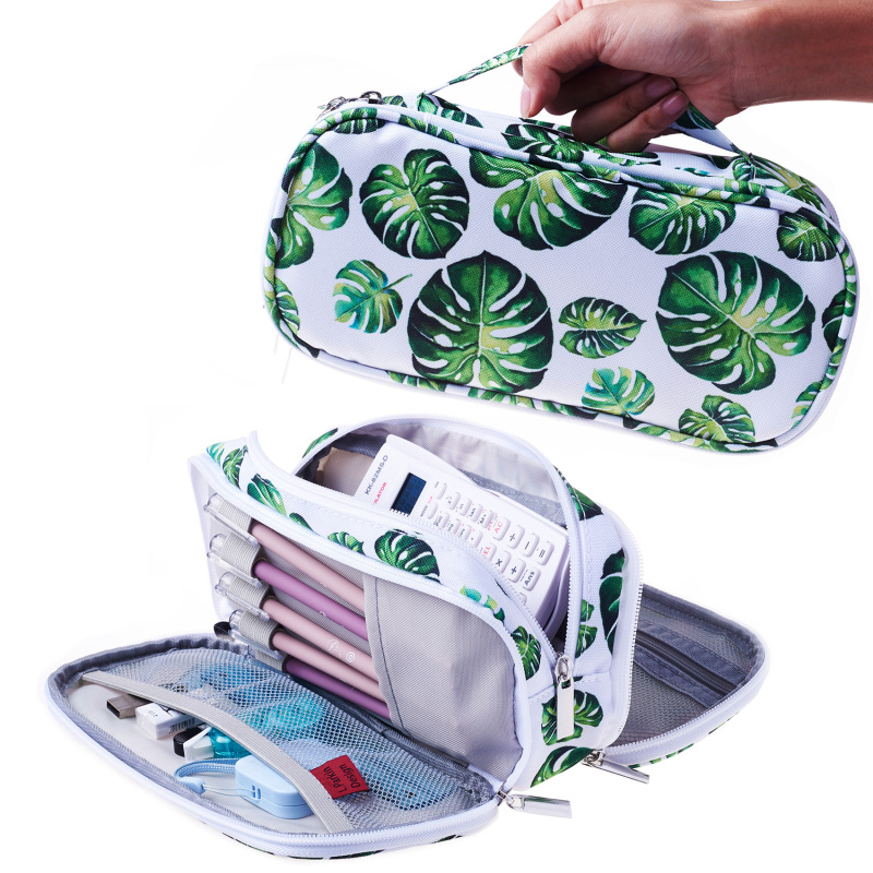 LParkin Tree Leaves Large Capacity Canvas Pencil Case Pen Bag Pouch Stationary Case Makeup Cosmetic Bag Gadget Box