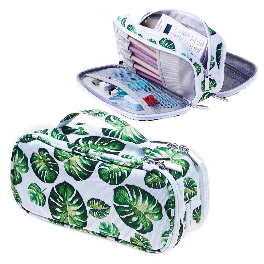 LParkin Tree Leaves Large Capacity Canvas Pencil Case Pen Bag Pouch Stationary Case Makeup Cosmetic Bag Gadget Box