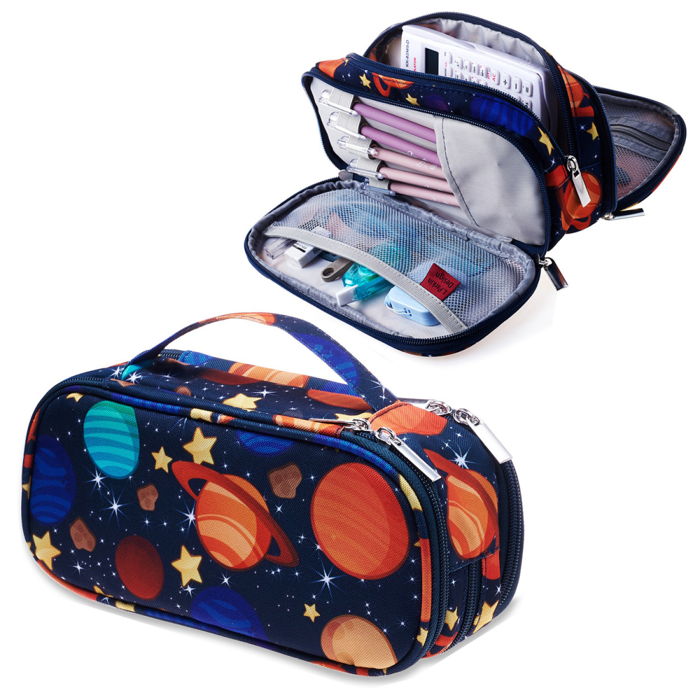 LParkin Space Canvas Student Galaxy Pencil Case Gifts for Boys Pen Bag Pouch Box Gadget Stationary Case Makeup Cosmetic Bag (Black)