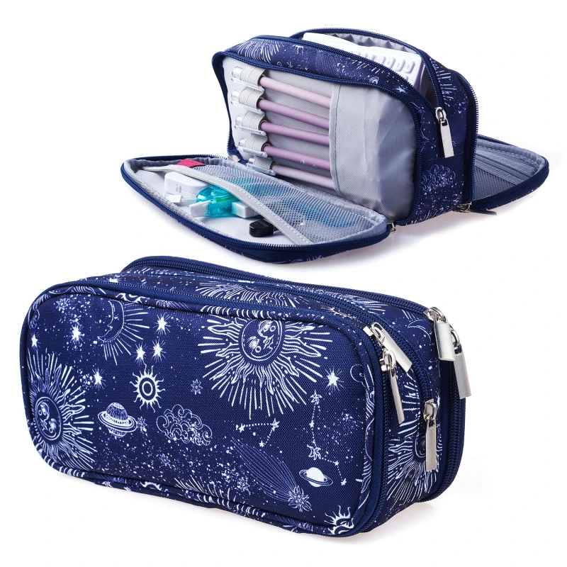Sun and Moon Pencil Case Super Large Capacity 3 Compartments Canvas Pencil Box Office School Zodiac Gifts