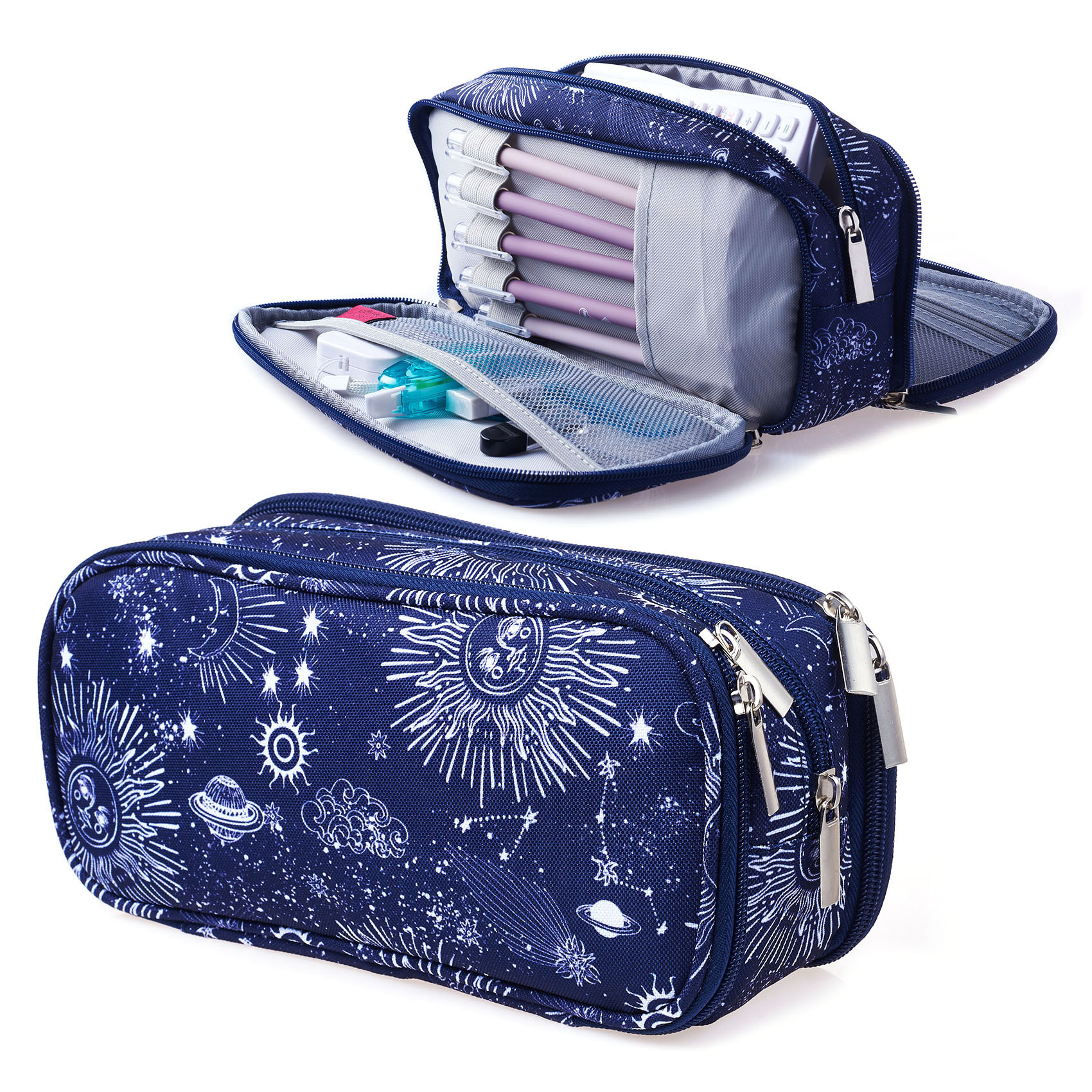 Sun and Moon Pencil Case Super Large Capacity 3 Compartments Canvas Pencil Box Office School Zodiac Gifts