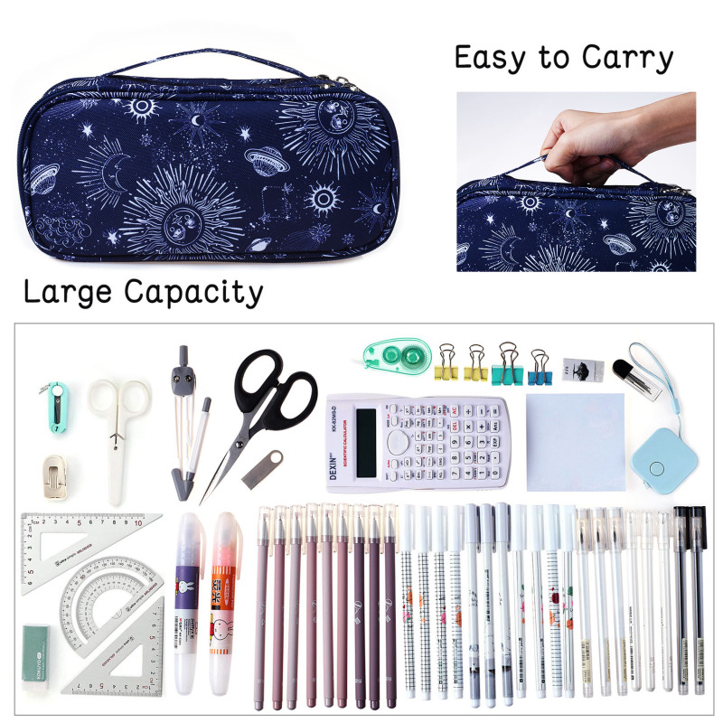 Sun and Moon Pencil Case Super Large Capacity 3 Compartments Canvas Pencil Box Office School Zodiac Gifts