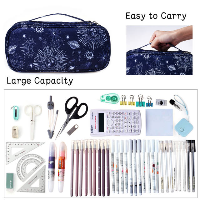 Sun and Moon Pencil Case Super Large Capacity 3 Compartments Canvas Pencil Box Office School Zodiac Gifts
