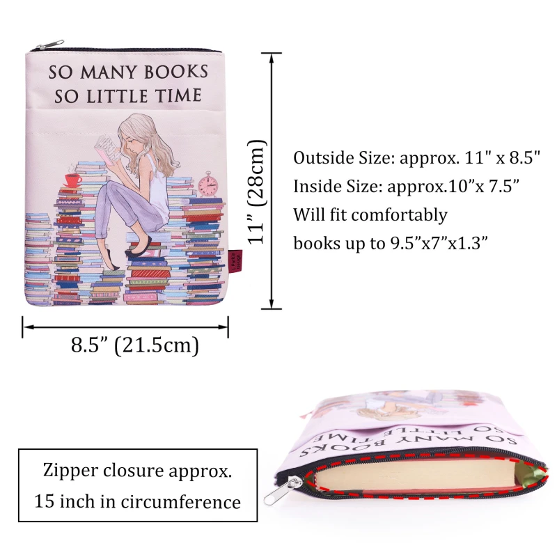 So Many Books So Little Time Book Sleeve with Zipper, Book Covers for Paperbacks, 11 X 8.5 Inch, Bookish Gift for Girl