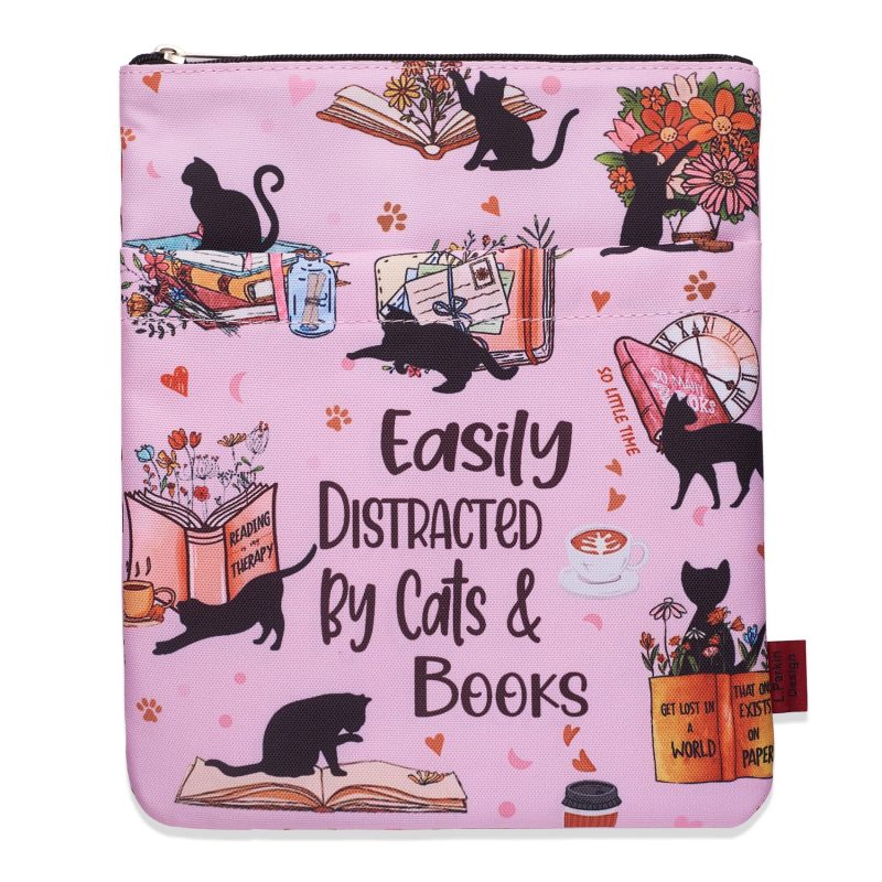 Easily Distracted by Cats and Books Book Sleeves, Cats Book Sleeve with Zipper, 11x8.5 Inch Washable Fabric
