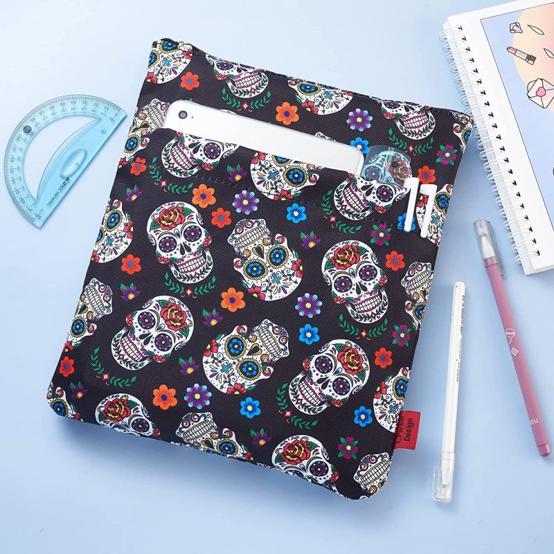 Sugar Skull Book Sleeve, Dia De Los Muertos Skull Gifts Day of The Dead Book Covers for Paperbacks, Book Sleeves with Zipper Protector 11 X 8.5 Inch