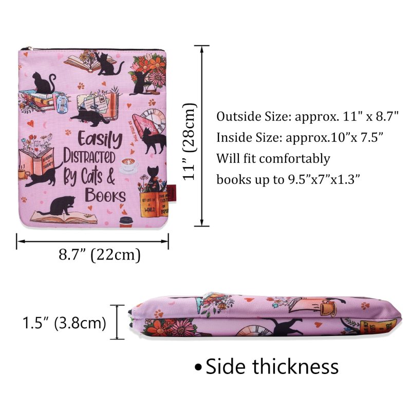 Easily Distracted by Cats and Books Book Sleeves, Cats Book Sleeve with Zipper, 11x8.5 Inch Washable Fabric