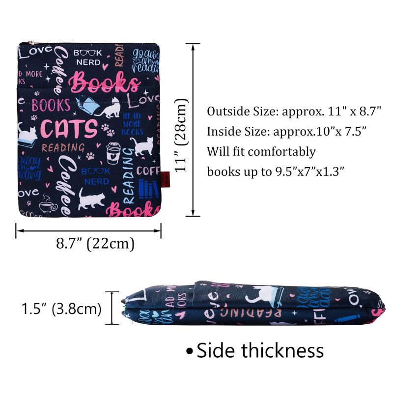 Cat Books Coffee Book Sleeves Protector, Cats Book Sleeve with Zipper, 11x8.5 Inch Washable Fabric Book Lovers (Cat Books Coffee)