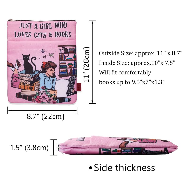 Just A Girl Who Loves Cats Books Book Covers, Book Sleeve with Zipper, Book Nerd Gifts, 11x8.5 Inch, Washable Fabric