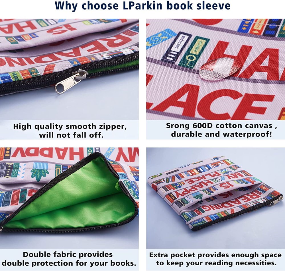 Reading is My Happy Place Book Sleeves Protector, Bookshelf Book Sleeve with Zipper, 11x8.5 Inch Washable Fabric Book Lovers