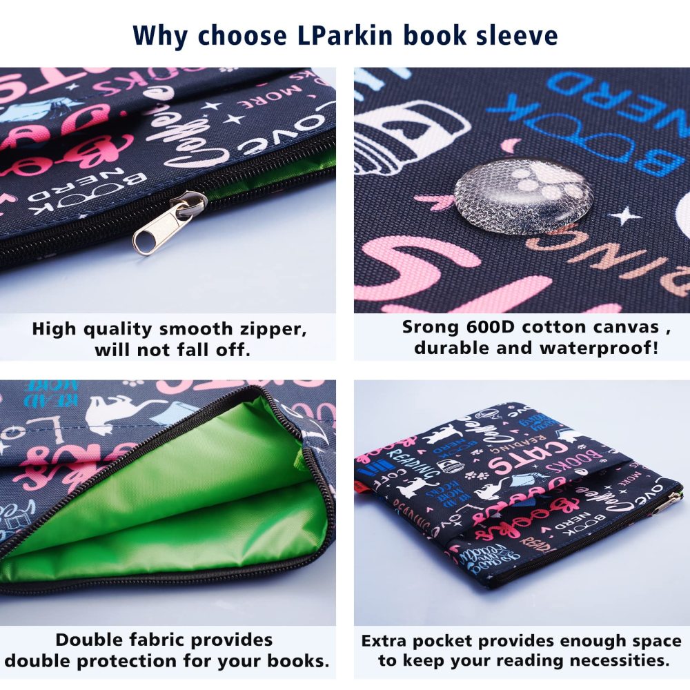 Cat Books Coffee Book Sleeves Protector, Cats Book Sleeve with Zipper, 11x8.5 Inch Washable Fabric Book Lovers (Cat Books Coffee)