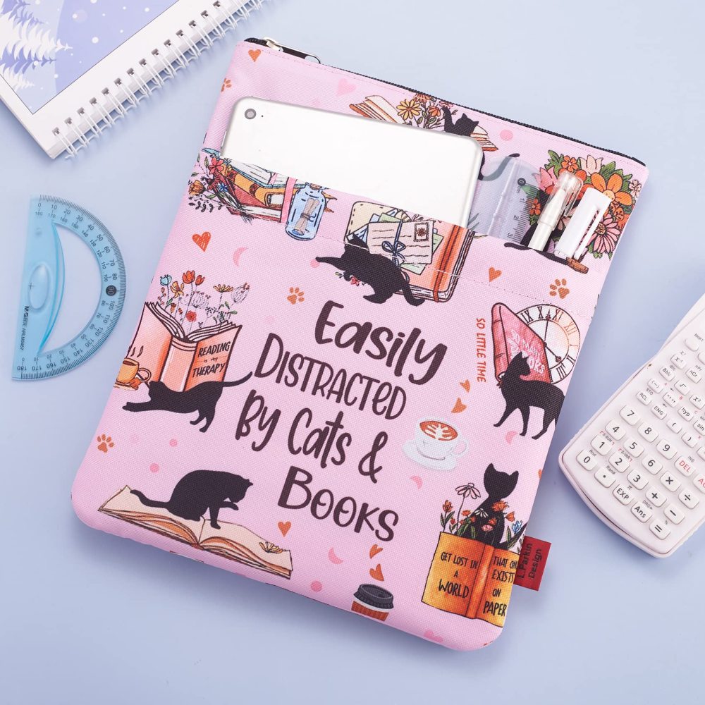Easily Distracted by Cats and Books Book Sleeves, Cats Book Sleeve with Zipper, 11x8.5 Inch Washable Fabric