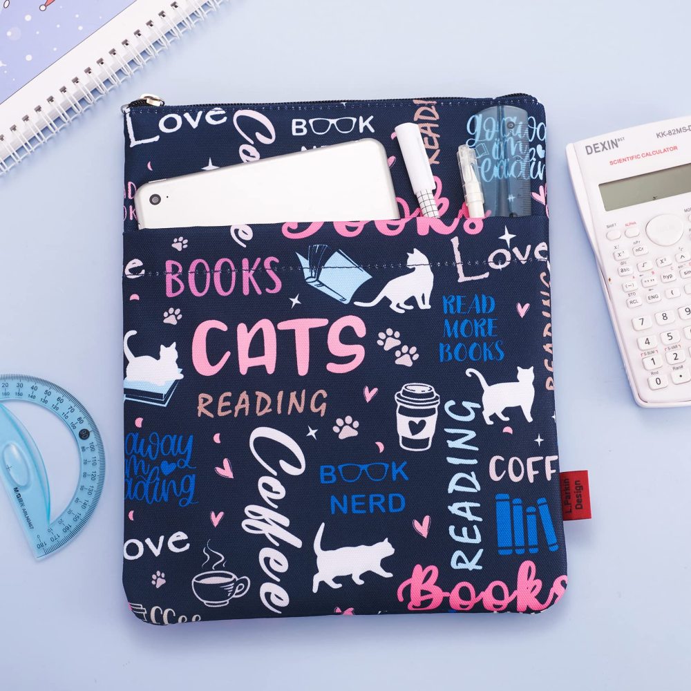 Cat Books Coffee Book Sleeves Protector, Cats Book Sleeve with Zipper, 11x8.5 Inch Washable Fabric Book Lovers (Cat Books Coffee)
