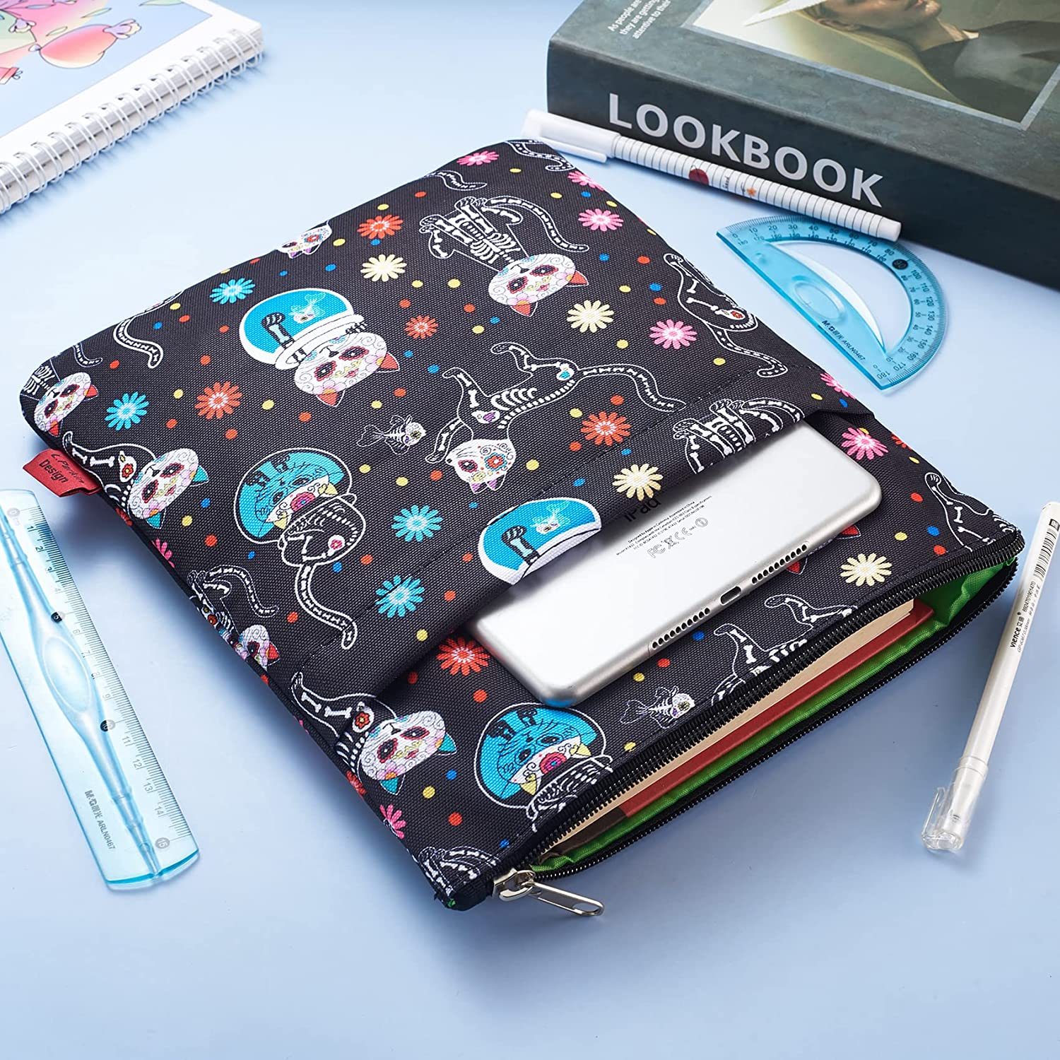 Day of The Dead Cats Book Sleeve, Dia De Los Muertos Skull Book Covers for Paperbacks Book Sleeves with Zipper 11 X 8.5 Inch