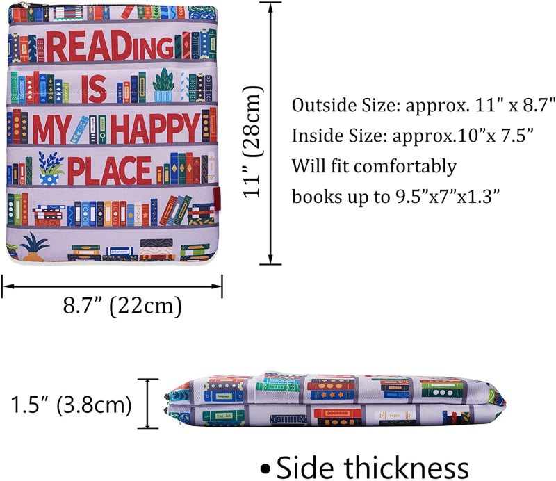 Reading is My Happy Place Book Sleeves Protector, Bookshelf Book Sleeve with Zipper, 11x8.5 Inch Washable Fabric Book Lovers