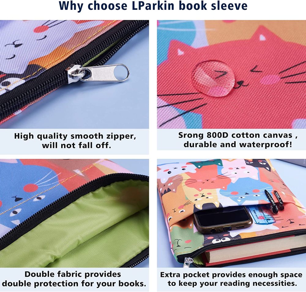 Cat Book Sleeve, Book Covers for Paperbacks, Washable Fabric, Book Sleeves with Zipper, Medium 11 Inch X 8.7 Inch Book Lover Gifts