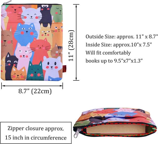 Cat Book Sleeve, Book Covers for Paperbacks, Washable Fabric, Book Sleeves with Zipper, Medium 11 Inch X 8.7 Inch Book Lover Gifts