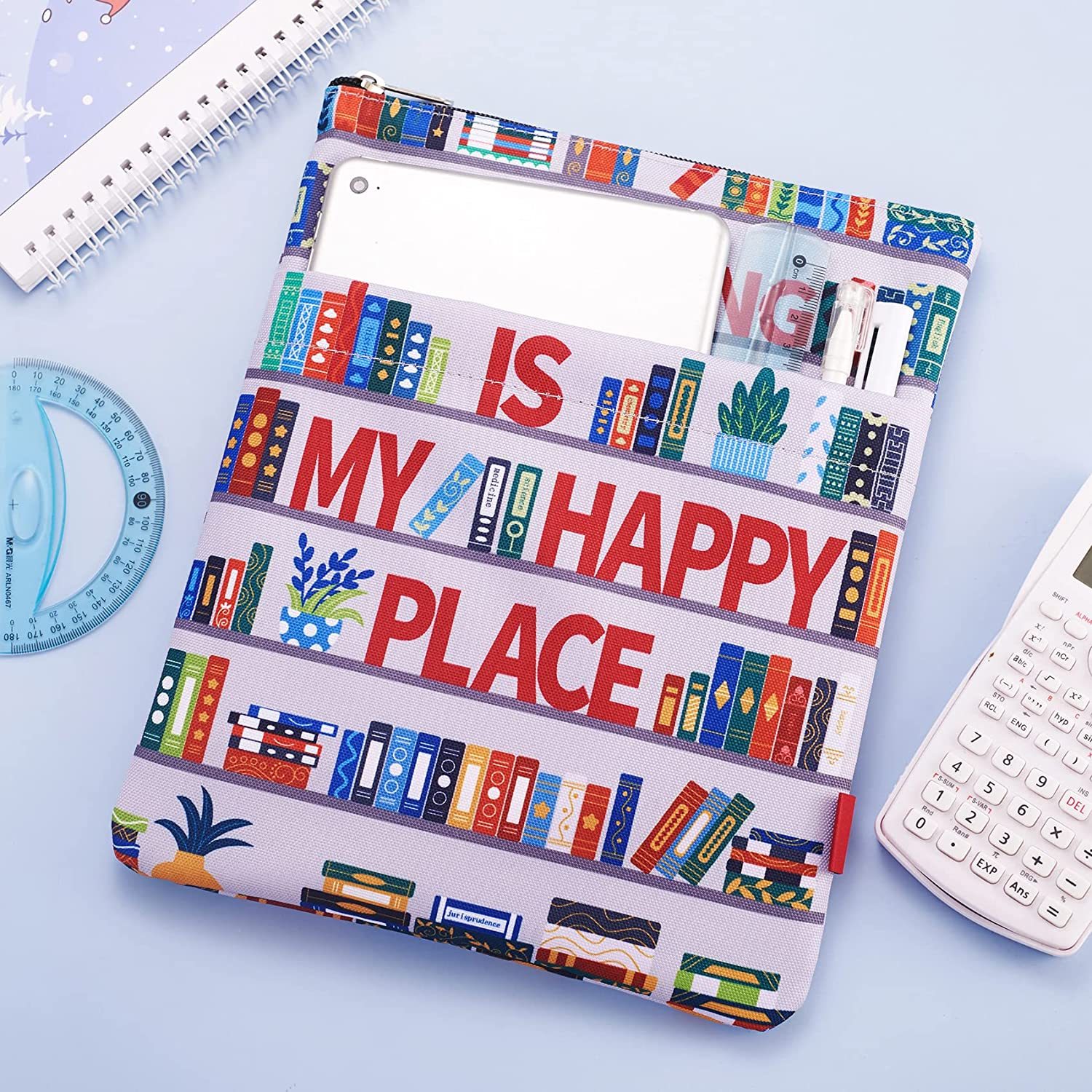 Reading is My Happy Place Book Sleeves Protector, Bookshelf Book Sleeve with Zipper, 11x8.5 Inch Washable Fabric Book Lovers