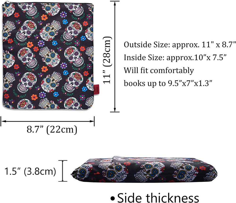 Sugar Skull Book Sleeve, Dia De Los Muertos Skull Gifts Day of The Dead Book Covers for Paperbacks, Book Sleeves with Zipper Protector 11 X 8.5 Inch