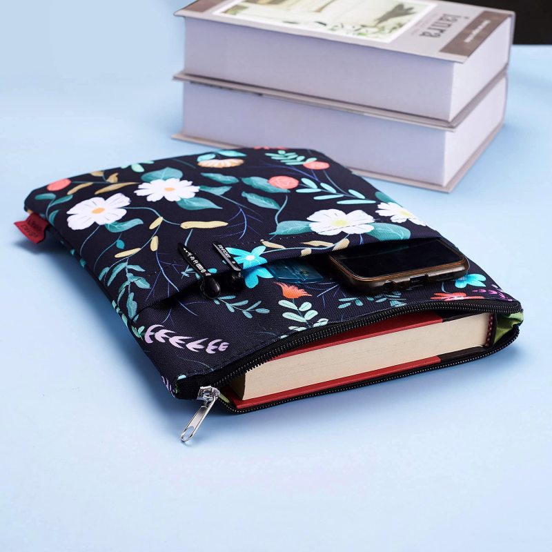 Book Sleeve Black Floral Book Protector , Book Covers for Paperbacks, Washable Fabric, Book Sleeves with Zipper, Medium 11 Inch X 8.7 Inch Book Lover Gifts