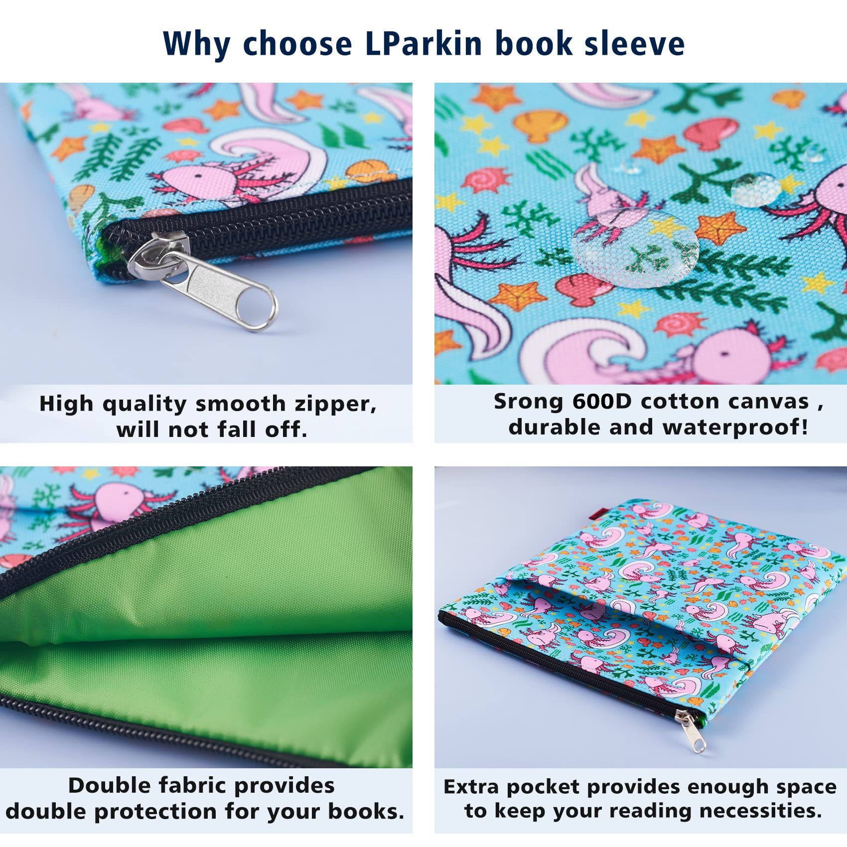 Axolotl Gifts Book Sleeve with Zipper and Front Pocket, Book Covers for Paperback, 11 x 8.5 Inch, Book Lovers Gifts