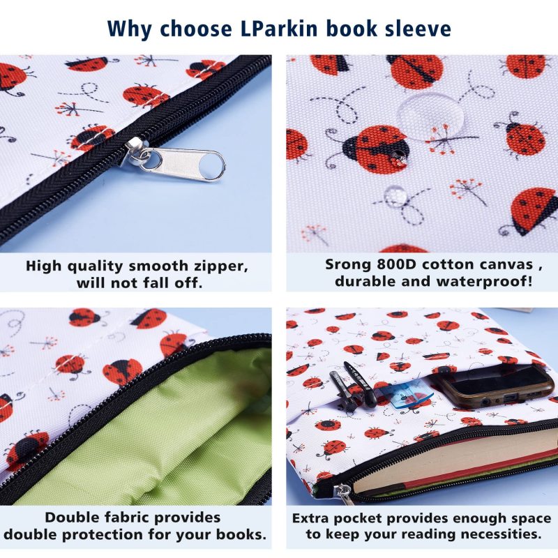 Book Sleeve Ladybug Book Protector , Book Covers for Paperbacks, Washable Fabric, Book Sleeves with Zipper, Medium 11 Inch X 8.7 Inch Book Lover Gifts