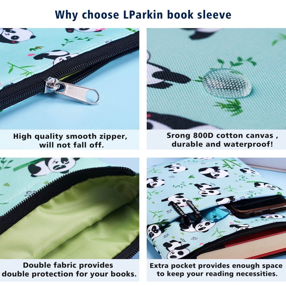 Book Sleeve Panda Book Protector, Book Covers for Paperbacks, Washable Fabric, Book Sleeves with Zipper, Medium 11 Inch X 8.7 Inch Bookish Gift