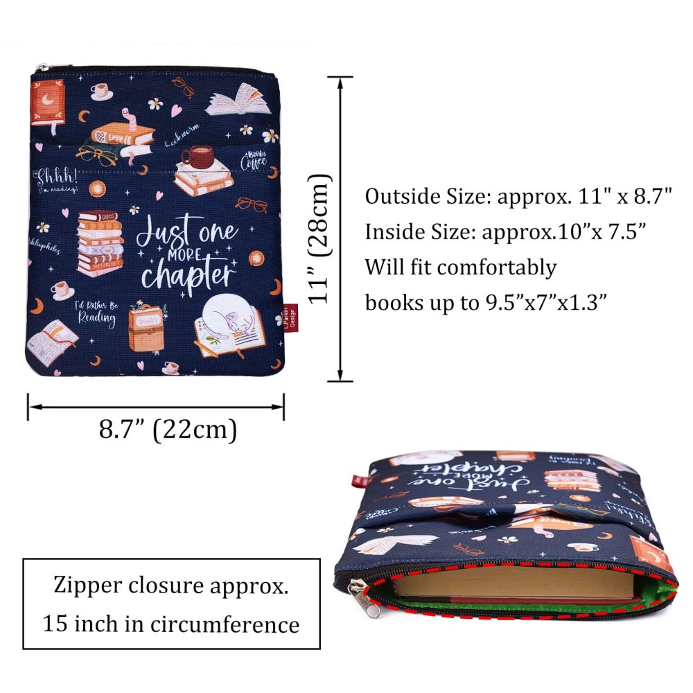 Just One More Chapter, Book Sleeve with Zipper and Front Pocket, Book Covers for Paperback, 11 x 8.5 Inch, Book Lovers Gifts