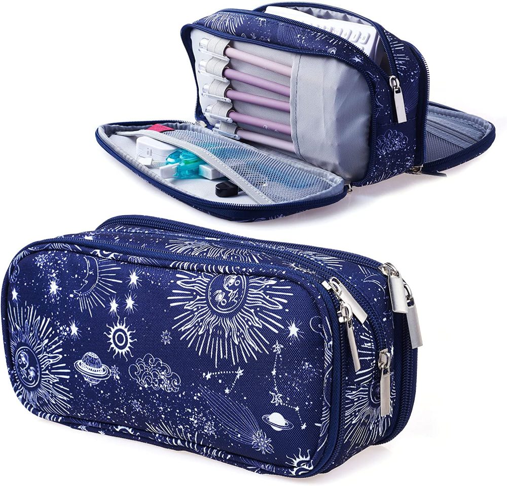 LParkin Sun and Moon Pencil Case Super Large Capacity 3 Compartments Canvas Pencil Box Office School Zodiac Gifts
