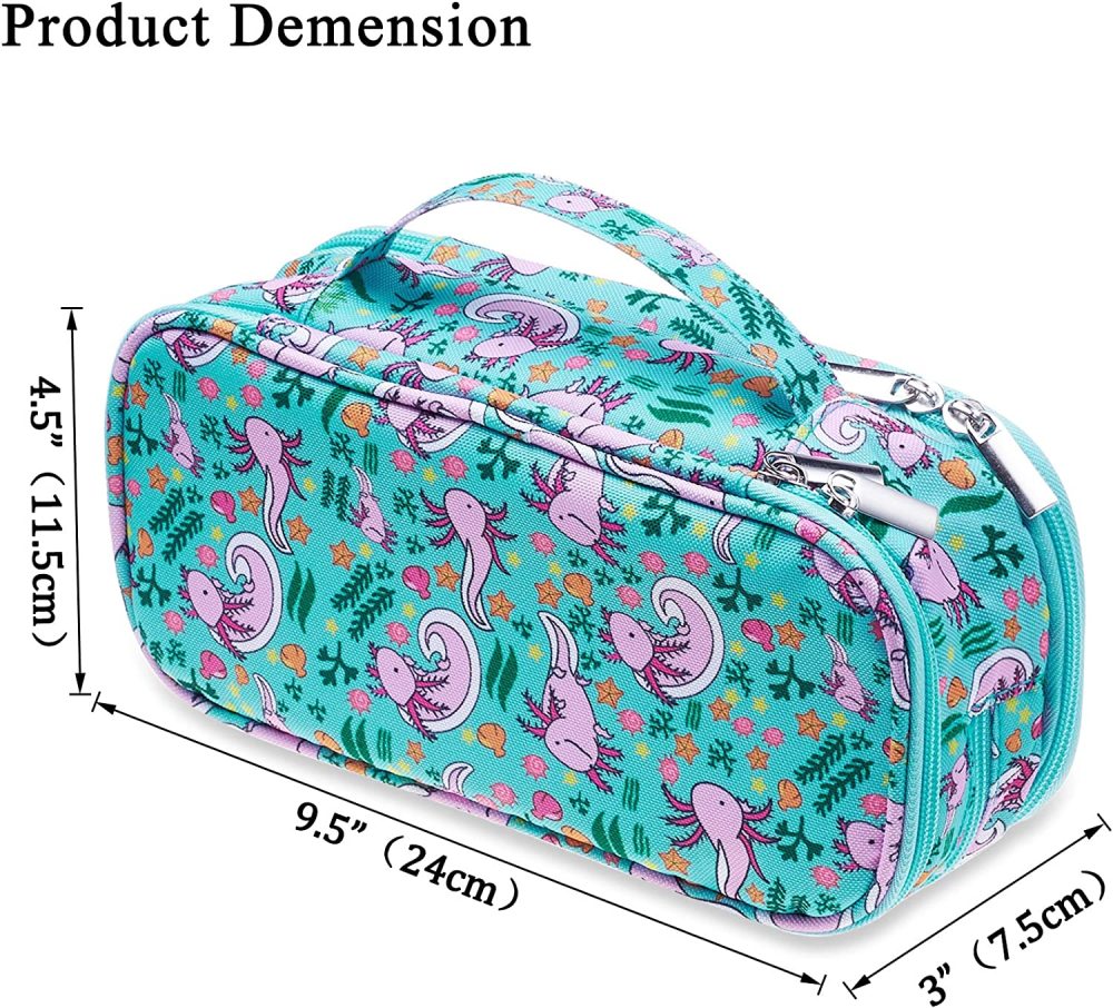 LParkin Axolotl Pencil Case Super Large Capacity 3 Compartments Canvas Pencil Box Kawaii Makeup Bag Cute Axolotl Gifts for Students Teen Boys Girls