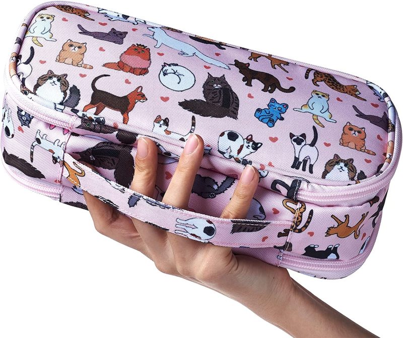 LParkin Cute Cat Pencil Case Super Large Capacity 3 Compartments Canvas Pencil Box Kawaii Makeup Bag Cat Gifts for Boys Girls