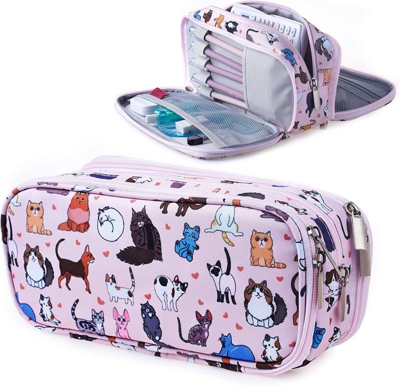 LParkin Cute Cat Pencil Case Super Large Capacity 3 Compartments Canvas Pencil Box Kawaii Makeup Bag Cat Gifts for Boys Girls