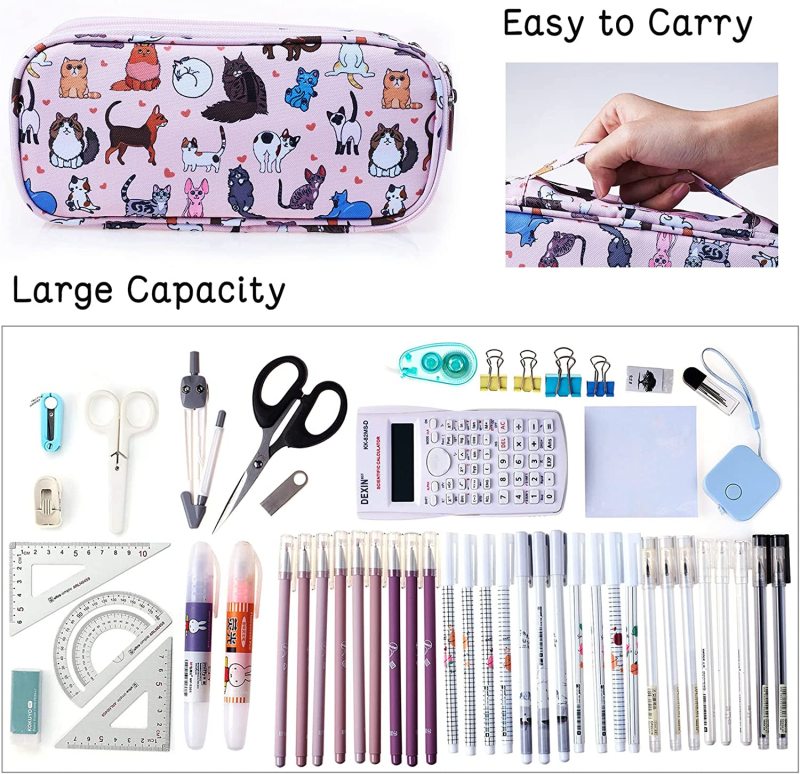 LParkin Cute Cat Pencil Case Super Large Capacity 3 Compartments Canvas Pencil Box Kawaii Makeup Bag Cat Gifts for Boys Girls