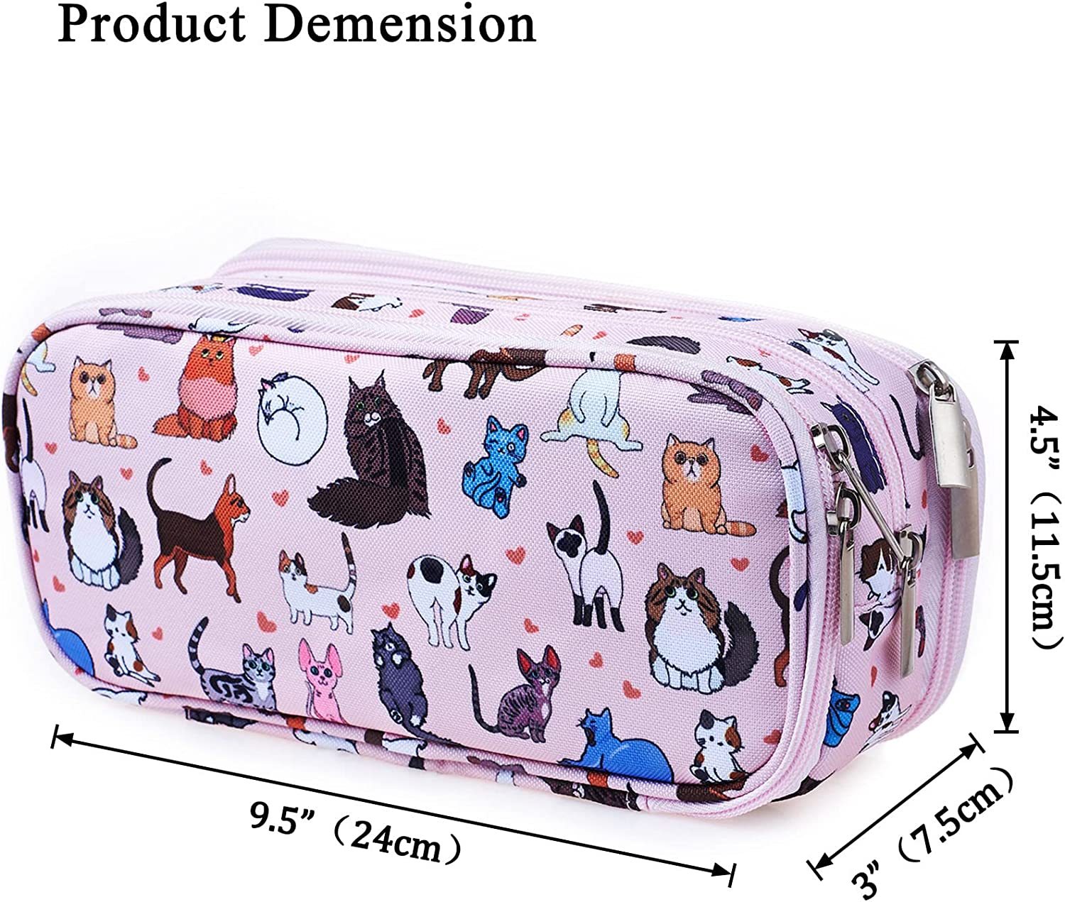 LParkin Cute Cat Pencil Case Super Large Capacity 3 Compartments Canvas Pencil Box Kawaii Makeup Bag Cat Gifts for Boys Girls