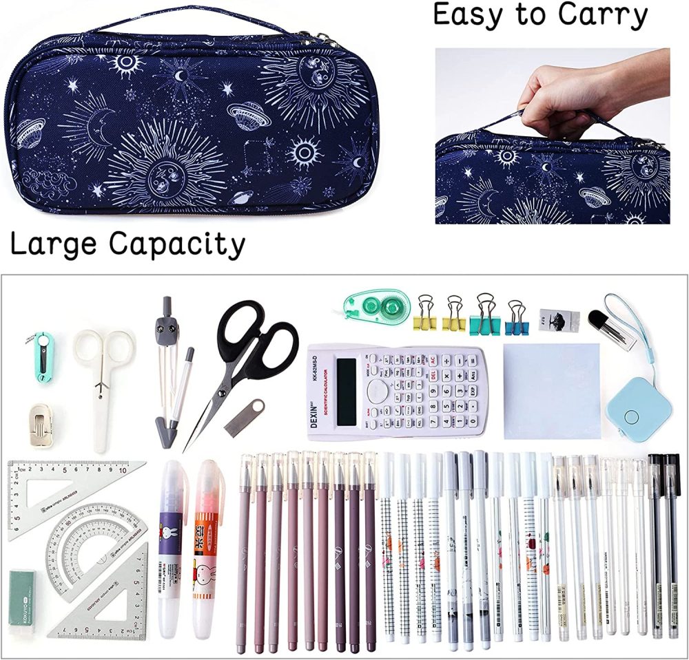 LParkin Sun and Moon Pencil Case Super Large Capacity 3 Compartments Canvas Pencil Box Office School Zodiac Gifts
